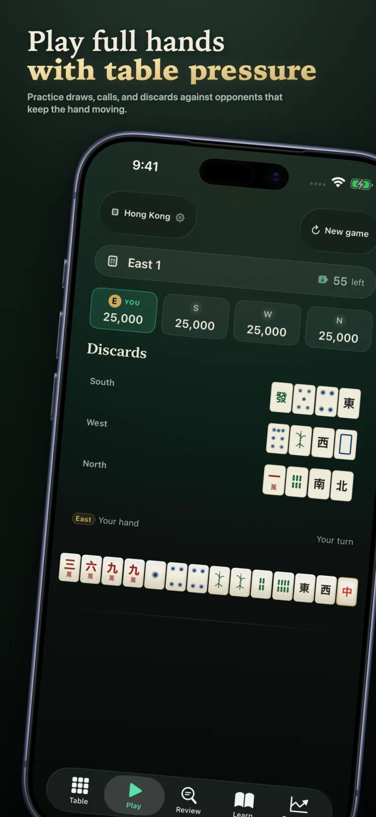 Mahjong Mind full-hand play table